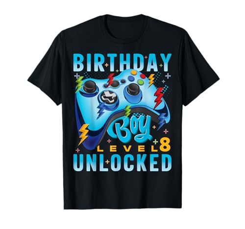 Level 8 Unlocked Birthday Boy Videospiel 8. Geburtstag Gamer T-Shirt von Birthday Boy Level 8 Unlocked Gamer Tee Store