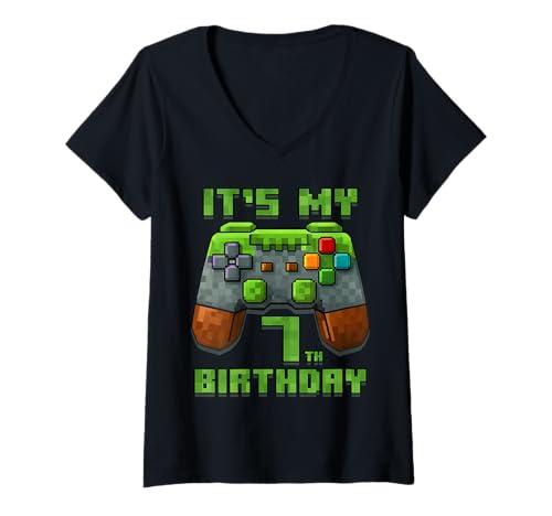 Damen It's My 7th Birthday Shirt Gamer Video Pixel Game Party T-Shirt mit V-Ausschnitt Damen It's My 7th Birthday Shirt Gamer Video Pixel Game Party T-Shirt mit V-Ausschnitt von Birthday Boy Level Up Pixel Gamer Store