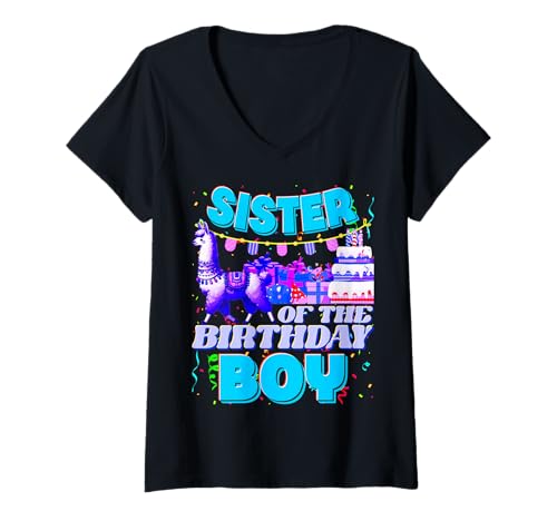 Damen Sister of The Birthday Boy Lama, Dad and Dad Family Party T-Shirt mit V-Ausschnitt Damen Sister of The Birthday Boy Lama, Dad and Dad Family Party T-Shirt mit V-Ausschnitt von Birthday Boy Llama Mom And Family Gifts