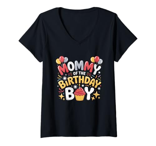 Damen Cupcakes-Luftballons für Papa und Mama des Geburtstagskindes T-Shirt mit V-Ausschnitt von Birthday Boy Mom and Dad Tees