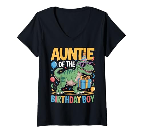 Damen Auntie of The Birthday Party Outfit Dinosaurier Squad Auntie T-Shirt mit V-Ausschnitt Damen Auntie of The Birthday Party Outfit Dinosaurier Squad Auntie T-Shirt mit V-Ausschnitt von Birthday Boy Squad Family Outfits T-Rex Dinosaur