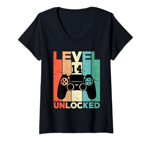 Damen Level 14 Unlocked T-Shirt 14. Videospieler Geburtstag Junge Geschenk T-Shirt mit V-Ausschnitt von Birthday Boy gift