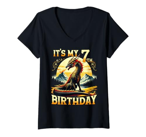 Damen Es ist Mein 7. Geburtstag, Drache, 7. Geburtstag, 7-jähriger Junge T-Shirt mit V-Ausschnitt Damen Es ist Mein 7. Geburtstag, Drache, 7. Geburtstag, 7-jähriger Junge T-Shirt mit V-Ausschnitt von Birthday Dragon Party Outfit