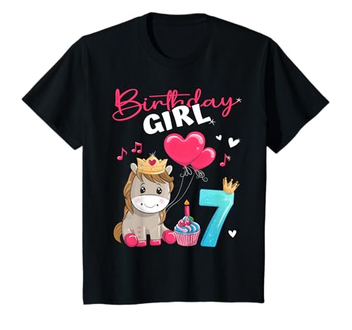Geburtstag Mädchen Pferd 7 Jahre - Niedlicher Foel 7. Geburtstag T-Shirt von Birthday Dress Decoration Horse Foal Girl Balloons
