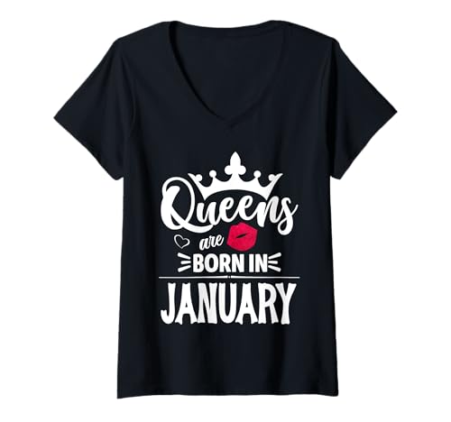 Damen Die Königinnen werden im Monat Januar geboren T-Shirt mit V-Ausschnitt von Birthday Geburtstag Designs24