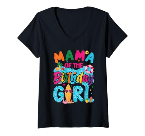 Damen Mama of The Birthday, für Mädchen, Poolparty, Strand, Familie T-Shirt mit V-Ausschnitt von Birthday Girl Beach Party Matching