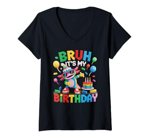 Damen Axolotl Master Builder Blocks Bricks Bruh Es ist Mein Geburtstag T-Shirt mit V-Ausschnitt Damen Axolotl Master Builder Blocks Bricks Bruh Es ist Mein Geburtstag T-Shirt mit V-Ausschnitt von Birthday Girl Boy Bruh Its My Birthday Decorations
