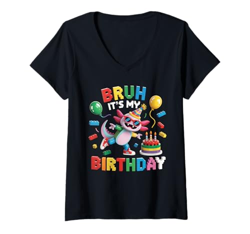 Damen Axolotl Master Builder Blocks Bricks Bruh Es ist Mein Geburtstag T-Shirt mit V-Ausschnitt Damen Axolotl Master Builder Blocks Bricks Bruh Es ist Mein Geburtstag T-Shirt mit V-Ausschnitt von Birthday Girl Boy Bruh Its My Birthday Decorations