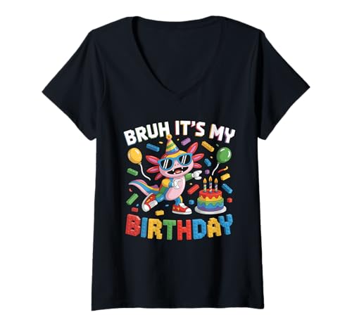 Damen Axolotl Master Builder Blocks Bricks Bruh Es ist Mein Geburtstag T-Shirt mit V-Ausschnitt Damen Axolotl Master Builder Blocks Bricks Bruh Es ist Mein Geburtstag T-Shirt mit V-Ausschnitt von Birthday Girl Boy Bruh Its My Birthday Decorations