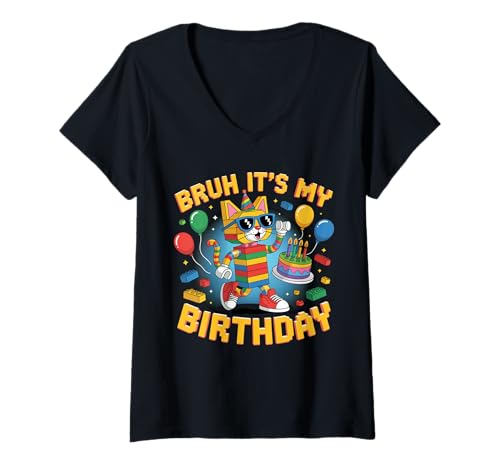 Damen Cats Master Builder Blocks Bricks Bruh Es ist Mein Geburtstag T-Shirt mit V-Ausschnitt Damen Cats Master Builder Blocks Bricks Bruh Es ist Mein Geburtstag T-Shirt mit V-Ausschnitt von Birthday Girl Boy Bruh Its My Birthday Decorations