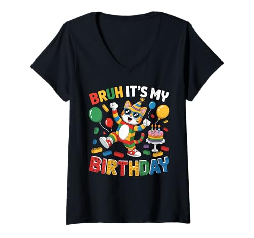 Damen Cats Master Builder Blocks Bricks Bruh Es ist Mein Geburtstag T-Shirt mit V-Ausschnitt Damen Cats Master Builder Blocks Bricks Bruh Es ist Mein Geburtstag T-Shirt mit V-Ausschnitt von Birthday Girl Boy Bruh Its My Birthday Decorations