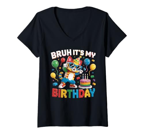 Damen Cats Master Builder Blocks Bricks Bruh Es ist Mein Geburtstag T-Shirt mit V-Ausschnitt Damen Cats Master Builder Blocks Bricks Bruh Es ist Mein Geburtstag T-Shirt mit V-Ausschnitt von Birthday Girl Boy Bruh Its My Birthday Decorations