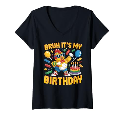 Damen Chickens Master Builder Blocks Bricks Bruh Es ist Mein Geburtstag T-Shirt mit V-Ausschnitt Damen Chickens Master Builder Blocks Bricks Bruh Es ist Mein Geburtstag T-Shirt mit V-Ausschnitt von Birthday Girl Boy Bruh Its My Birthday Decorations