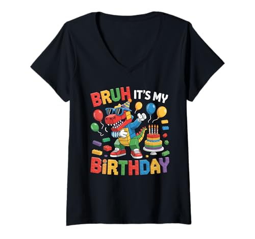 Damen Dinosauriermeister Bausteine Bricks Bruh It's My Birthday T-Shirt mit V-Ausschnitt Damen Dinosauriermeister Bausteine Bricks Bruh It's My Birthday T-Shirt mit V-Ausschnitt von Birthday Girl Boy Bruh Its My Birthday Decorations