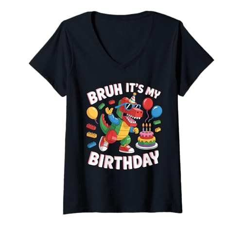 Damen Dinosauriermeister Bausteine Bricks Bruh It's My Birthday T-Shirt mit V-Ausschnitt Damen Dinosauriermeister Bausteine Bricks Bruh It's My Birthday T-Shirt mit V-Ausschnitt von Birthday Girl Boy Bruh Its My Birthday Decorations