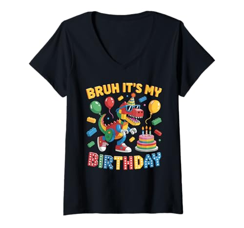 Damen Dinosauriermeister Bausteine Bricks Bruh It's My Birthday T-Shirt mit V-Ausschnitt Damen Dinosauriermeister Bausteine Bricks Bruh It's My Birthday T-Shirt mit V-Ausschnitt von Birthday Girl Boy Bruh Its My Birthday Decorations