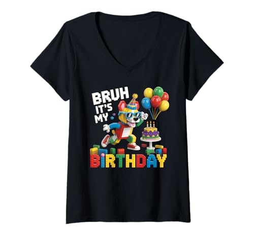 Damen Dogs Master Builder Blocks Bricks Bruh Es ist Mein Geburtstag T-Shirt mit V-Ausschnitt Damen Dogs Master Builder Blocks Bricks Bruh Es ist Mein Geburtstag T-Shirt mit V-Ausschnitt von Birthday Girl Boy Bruh Its My Birthday Decorations