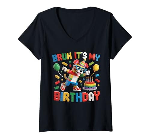 Damen Dogs Master Builder Blocks Bricks Bruh Es ist Mein Geburtstag T-Shirt mit V-Ausschnitt Damen Dogs Master Builder Blocks Bricks Bruh Es ist Mein Geburtstag T-Shirt mit V-Ausschnitt von Birthday Girl Boy Bruh Its My Birthday Decorations