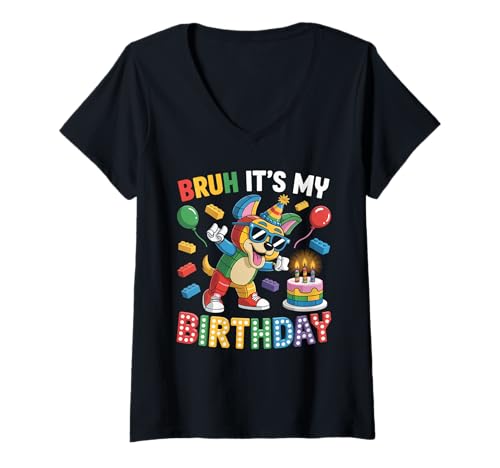 Damen Dogs Master Builder Blocks Bricks Bruh Es ist Mein Geburtstag T-Shirt mit V-Ausschnitt Damen Dogs Master Builder Blocks Bricks Bruh Es ist Mein Geburtstag T-Shirt mit V-Ausschnitt von Birthday Girl Boy Bruh Its My Birthday Decorations