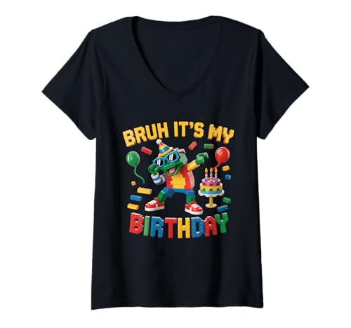 Damen Frosch Master Builder Blocks Bricks Bruh It's My Birthday T-Shirt mit V-Ausschnitt Damen Frosch Master Builder Blocks Bricks Bruh It's My Birthday T-Shirt mit V-Ausschnitt von Birthday Girl Boy Bruh Its My Birthday Decorations