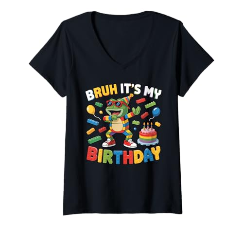 Damen Frosch Master Builder Blocks Bricks Bruh It's My Birthday T-Shirt mit V-Ausschnitt Damen Frosch Master Builder Blocks Bricks Bruh It's My Birthday T-Shirt mit V-Ausschnitt von Birthday Girl Boy Bruh Its My Birthday Decorations