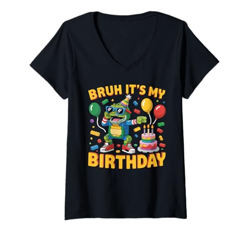 Damen Frosch Master Builder Blocks Bricks Bruh It's My Birthday T-Shirt mit V-Ausschnitt Damen Frosch Master Builder Blocks Bricks Bruh It's My Birthday T-Shirt mit V-Ausschnitt von Birthday Girl Boy Bruh Its My Birthday Decorations