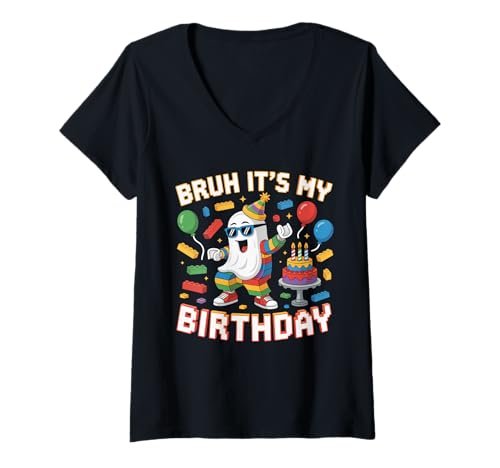 Damen Ghost Master Builder Blocks Bricks Bruh Es ist Mein Geburtstag T-Shirt mit V-Ausschnitt Damen Ghost Master Builder Blocks Bricks Bruh Es ist Mein Geburtstag T-Shirt mit V-Ausschnitt von Birthday Girl Boy Bruh Its My Birthday Decorations