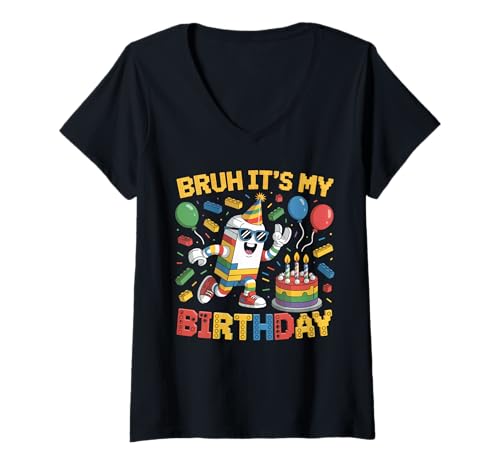 Damen Ghost Master Builder Blocks Bricks Bruh Es ist Mein Geburtstag T-Shirt mit V-Ausschnitt Damen Ghost Master Builder Blocks Bricks Bruh Es ist Mein Geburtstag T-Shirt mit V-Ausschnitt von Birthday Girl Boy Bruh Its My Birthday Decorations
