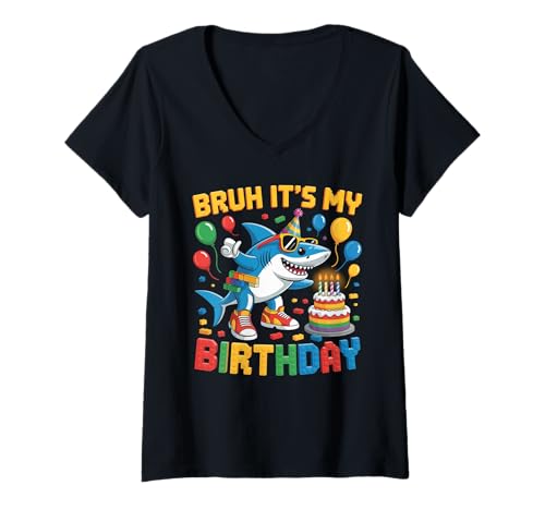 Damen Shark Master Builder Blocks Bricks Bruh Es ist Mein Geburtstag T-Shirt mit V-Ausschnitt Damen Shark Master Builder Blocks Bricks Bruh Es ist Mein Geburtstag T-Shirt mit V-Ausschnitt von Birthday Girl Boy Bruh Its My Birthday Decorations