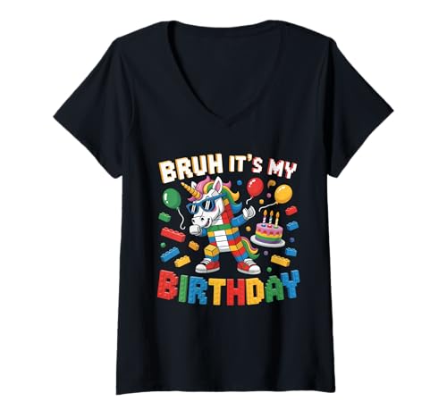 Damen Unicorn Master Builder Blocks Bricks Bruh Es ist Mein Geburtstag T-Shirt mit V-Ausschnitt Damen Unicorn Master Builder Blocks Bricks Bruh Es ist Mein Geburtstag T-Shirt mit V-Ausschnitt von Birthday Girl Boy Bruh Its My Birthday Decorations