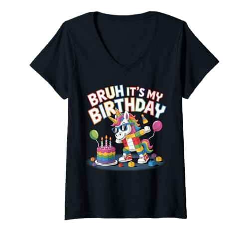 Damen Unicorn Master Builder Blocks Bricks Bruh Es ist Mein Geburtstag T-Shirt mit V-Ausschnitt Damen Unicorn Master Builder Blocks Bricks Bruh Es ist Mein Geburtstag T-Shirt mit V-Ausschnitt von Birthday Girl Boy Bruh Its My Birthday Decorations