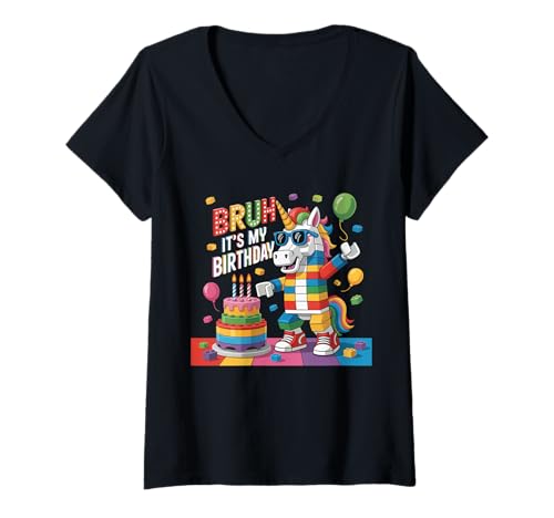Damen Unicorn Master Builder Blocks Bricks Bruh Es ist Mein Geburtstag T-Shirt mit V-Ausschnitt Damen Unicorn Master Builder Blocks Bricks Bruh Es ist Mein Geburtstag T-Shirt mit V-Ausschnitt von Birthday Girl Boy Bruh Its My Birthday Decorations