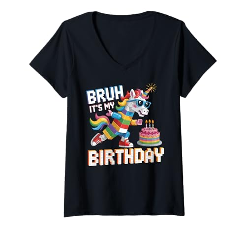 Damen Unicorn Master Builder Blocks Bricks Bruh Es ist Mein Geburtstag T-Shirt mit V-Ausschnitt Damen Unicorn Master Builder Blocks Bricks Bruh Es ist Mein Geburtstag T-Shirt mit V-Ausschnitt von Birthday Girl Boy Bruh Its My Birthday Decorations