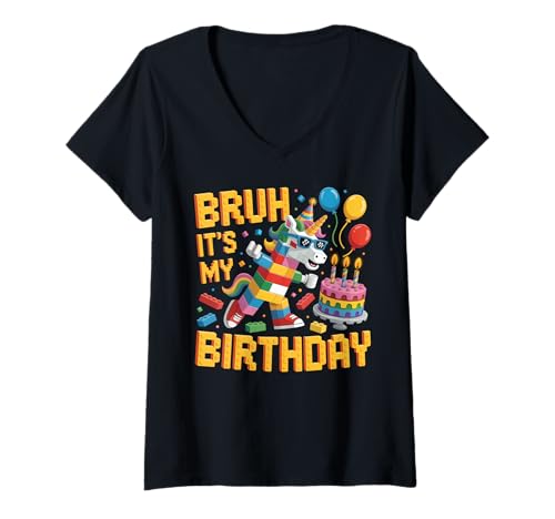Damen Unicorn Master Builder Blocks Bricks Bruh Es ist Mein Geburtstag T-Shirt mit V-Ausschnitt Damen Unicorn Master Builder Blocks Bricks Bruh Es ist Mein Geburtstag T-Shirt mit V-Ausschnitt von Birthday Girl Boy Bruh Its My Birthday Decorations