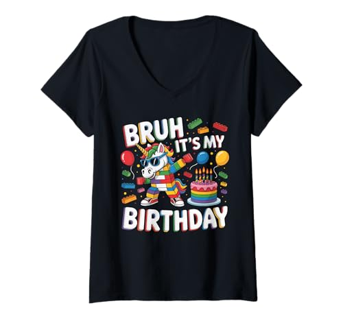 Damen Unicorn Master Builder Blocks Bricks Bruh Es ist Mein Geburtstag T-Shirt mit V-Ausschnitt Damen Unicorn Master Builder Blocks Bricks Bruh Es ist Mein Geburtstag T-Shirt mit V-Ausschnitt von Birthday Girl Boy Bruh Its My Birthday Decorations