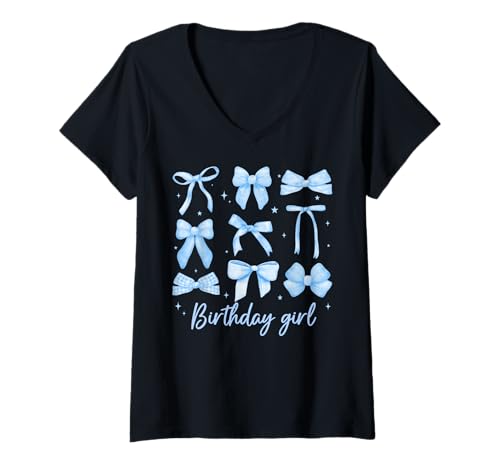 Damen Geburtstag Mädchen Kokette Lustig Geburtstag Mädchen Blau Kokette Schleife T-Shirt mit V-Ausschnitt Damen Geburtstag Mädchen Kokette Lustig Geburtstag Mädchen Blau Kokette Schleife T-Shirt mit V-Ausschnitt von Birthday Girl Coquette Bow