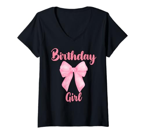 Damen Geburtstag Mädchen Rosa Kokette Schleife Y2k Preppy Geburtstag Frauen T-Shirt mit V-Ausschnitt von Birthday Girl Pink Coquette Bow Women Girl Apparel