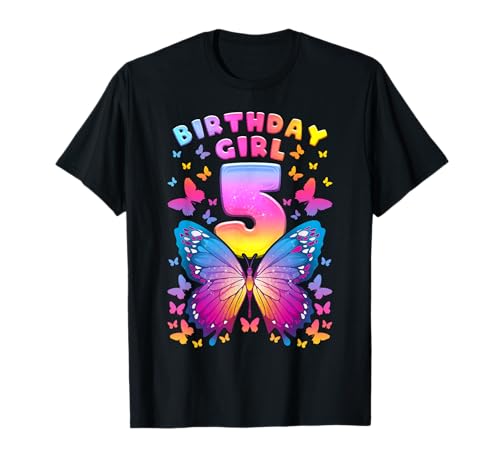 5. Geburtstag, Mädchen 5 Jahre, Schmetterling, Nummer 5 T-Shirt von Birthday Girl by Content Design Studio