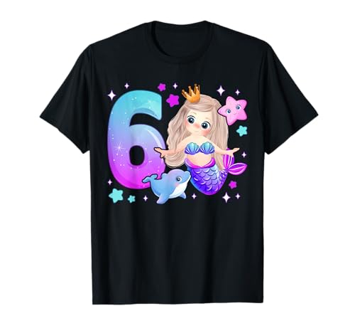 6. Geburtstag Mädchen 6 Jahre, Meerjungfrau, Nummer 6 T-Shirt von Birthday Girl by Content Design Studio