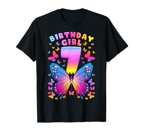 7. Geburtstag, Mädchen 7 Jahre, Schmetterling, Nummer 7 T-Shirt von Birthday Girl by Content Design Studio