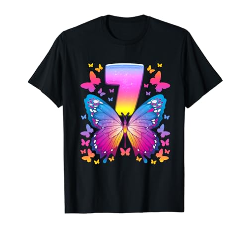 7. Geburtstag, Mädchen 7 Jahre, Schmetterling, Nummer 7 T-Shirt von Birthday Girl by Content Design Studio