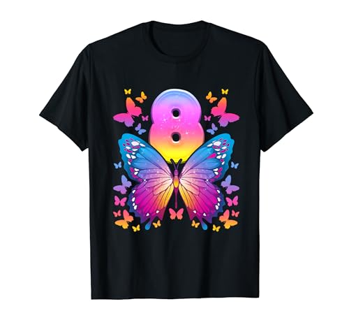 8. Geburtstag, Mädchen 8 Jahre, Schmetterling, Nummer 8 T-Shirt von Birthday Girl by Content Design Studio