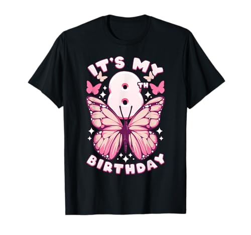 8. Geburtstag, Mädchen 8 Jahre, Schmetterlinge und Nummer 8 T-Shirt von Birthday Girl by Content Design Studio