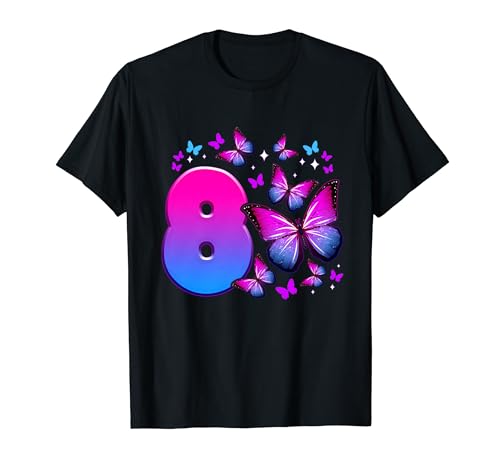 Geburtstag Mädchen 8 Jahre alt, Schmetterling, Nummer 8 T-Shirt von Birthday Girl by Content Design Studio