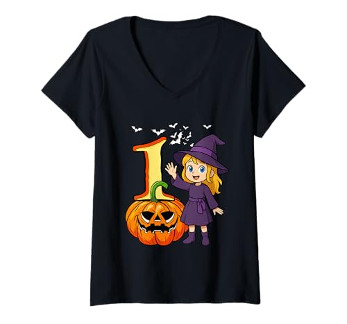 Damen 1 Halloween Cute Witch 1st Birthday Horror Carved Pumpkin T-Shirt mit V-Ausschnitt von Birthday Halloween Costume