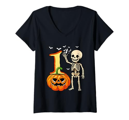 Damen 1 Halloween Skeleton 1st Birthday Horror Carved Pumpkin T-Shirt mit V-Ausschnitt von Birthday Halloween Costume