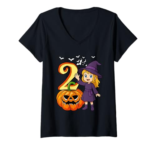 Damen 2 Halloween Cute Witch 2nd Birthday Horror Carved Pumpkin T-Shirt mit V-Ausschnitt von Birthday Halloween Costume