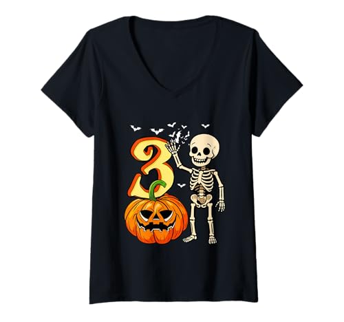 Damen 3 Halloween Skeleton 3rd Birthday Horror Carved Pumpkin T-Shirt mit V-Ausschnitt von Birthday Halloween Costume