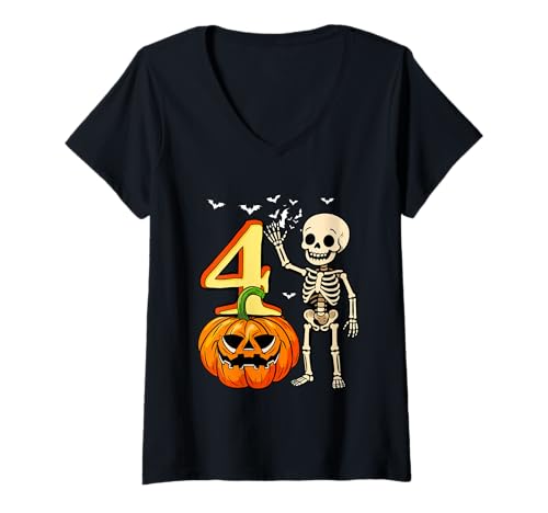 Damen 4 Halloween Skeleton 4th Birthday Horror Carved Pumpkin T-Shirt mit V-Ausschnitt von Birthday Halloween Costume