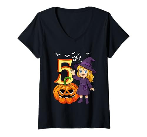 Damen 5 Halloween Cute Witch 5th Birthday Horror Carved Pumpkin T-Shirt mit V-Ausschnitt von Birthday Halloween Costume